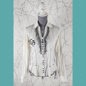 Crisca White & Black Crinkle Eclectic Victorian Blouse